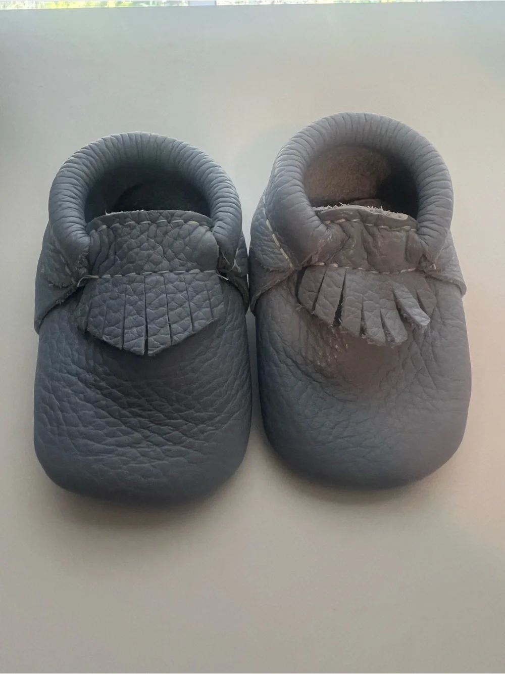 Freshly Picked Baby Gray Baby Blue Leather Fringe Moccasins